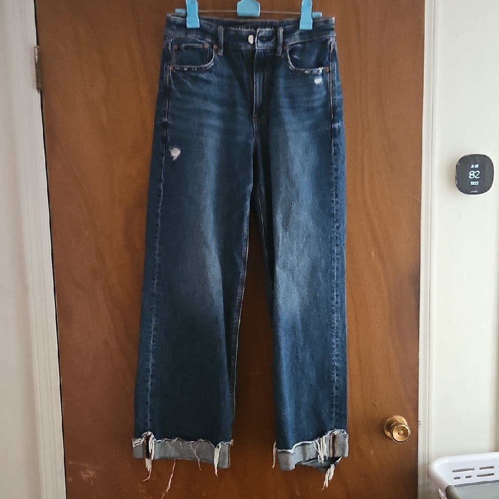 American Eagle Outfitters Dark Blue Distressed Wide Leg Jeans